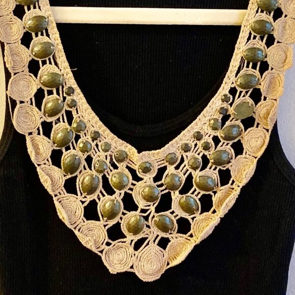 Black Tank Top With Tan Crochet Metal Beaded Bib Boho Size XS - Picture 4 of 10
